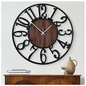 24”Black Metal & Brown Wall Clock Battery Operated Non-Ticking Modern Farmhouse